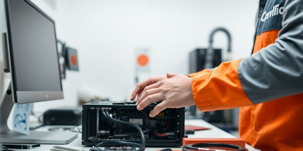 Technician repairing a computer in a clean workspace.