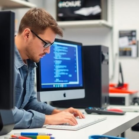 Technician repairing computer in a clean workspace.