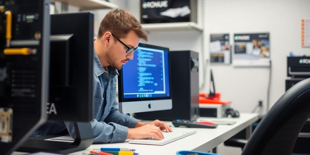 Technician repairing computer in a clean workspace.