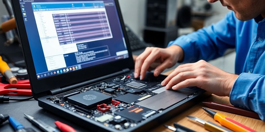 Technician repairs a laptop with tools on a workbench.