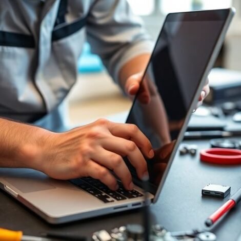 Technician repairing a laptop in a workshop.