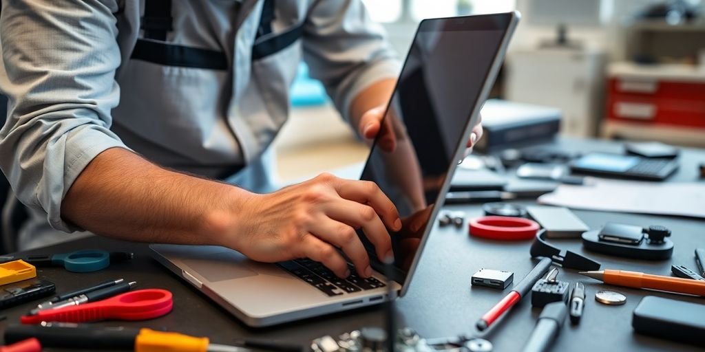 Technician repairing a laptop in a workshop.