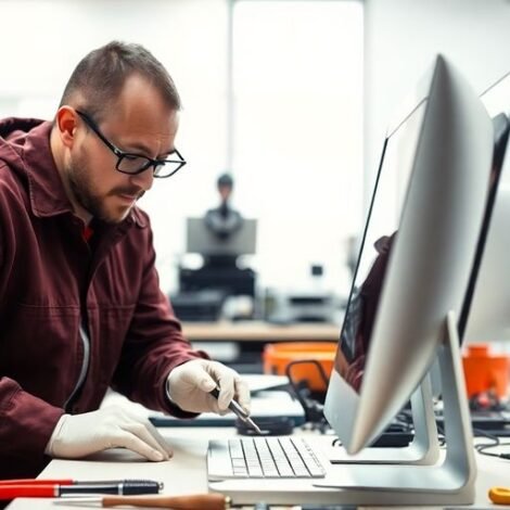 Technician repairing an Apple Mac computer in workshop.