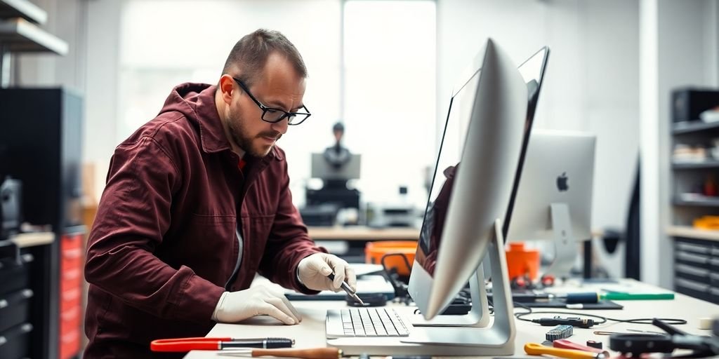 Technician repairing an Apple Mac computer in workshop.