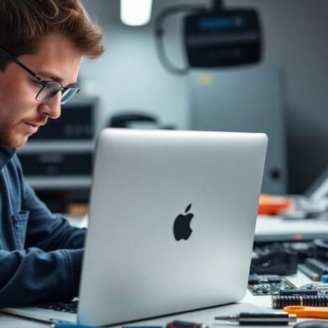 Technician repairing an Apple MacBook in a workspace.