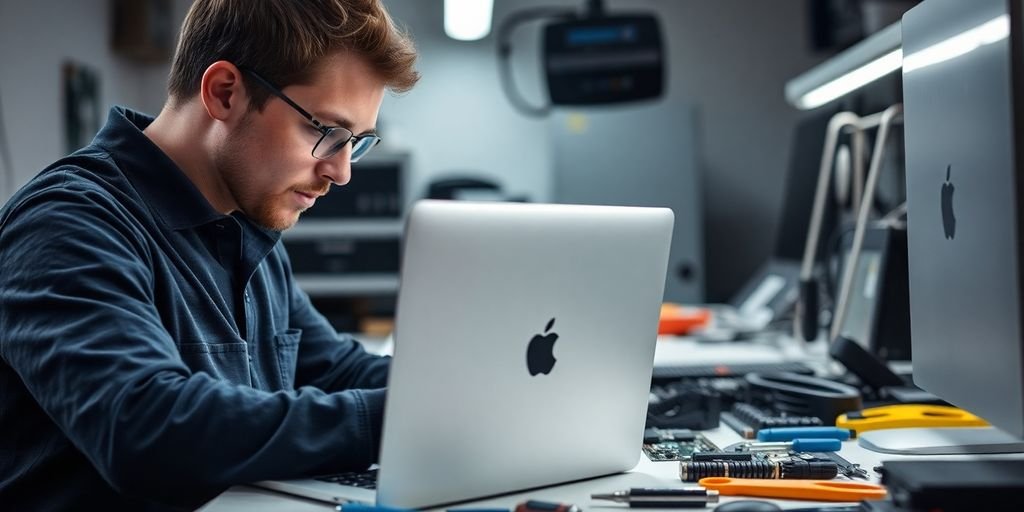 Technician repairing an Apple MacBook in a workspace.