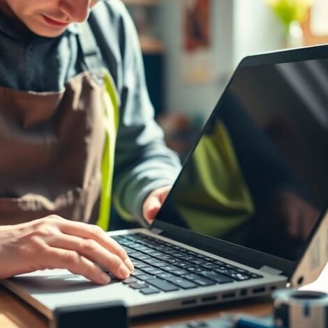 Technician repairing a laptop in a tidy workspace.