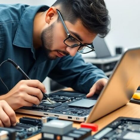 Technician repairing laptop with tools and parts visible.