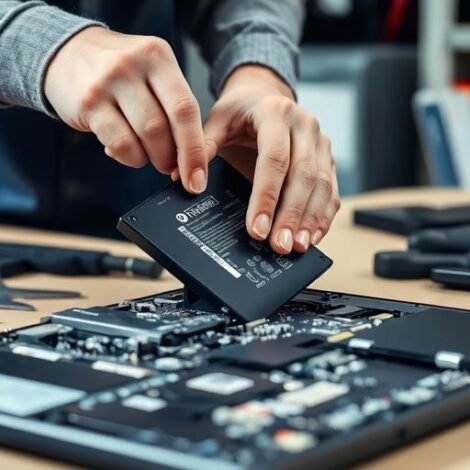 Technician replacing laptop battery in a workshop setting.