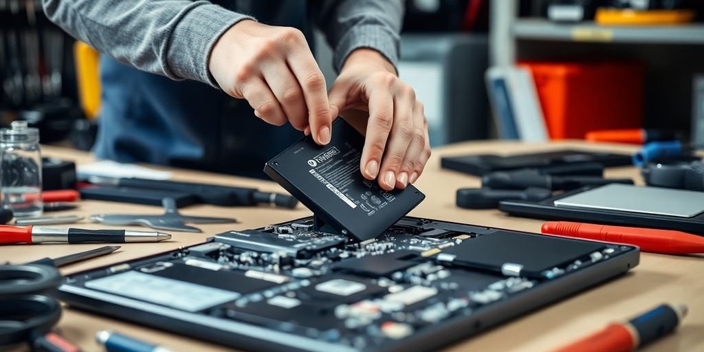 Technician replacing laptop battery in a workshop setting.