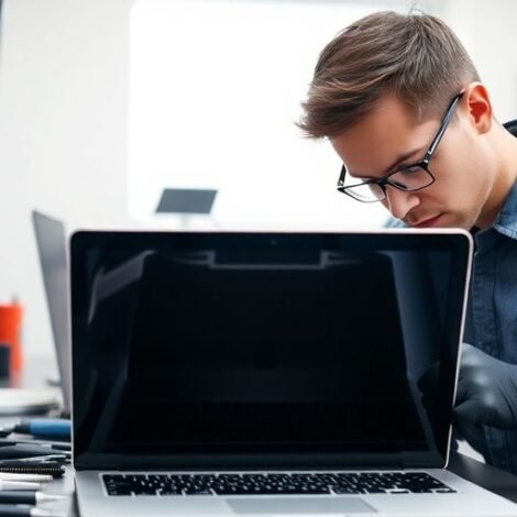 Technician repairing a MacBook in a modern workspace.