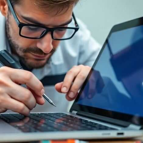 Technician repairing a laptop screen in a workshop.