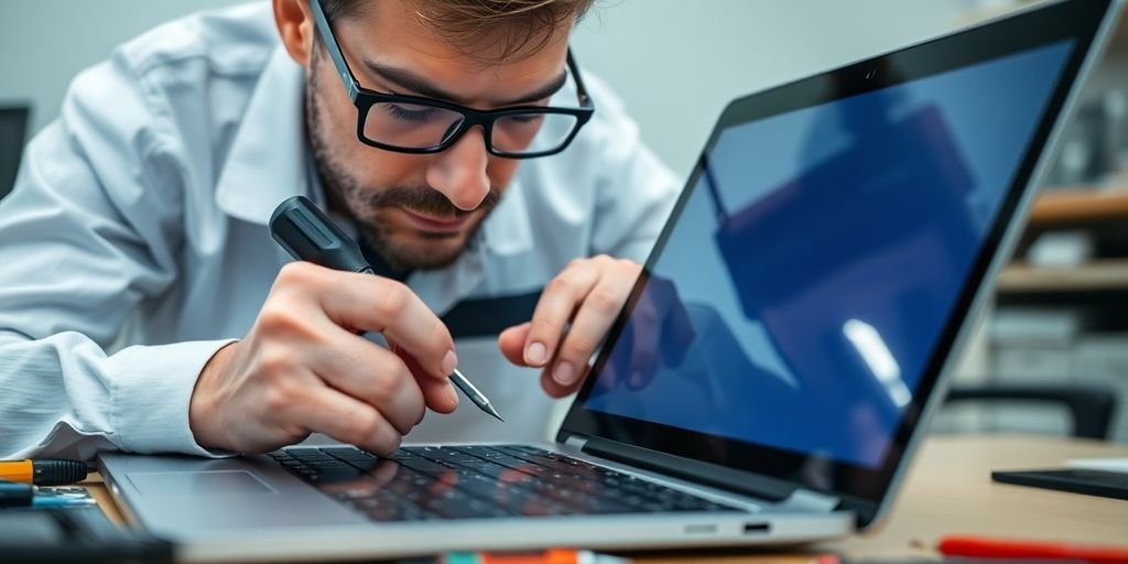 Technician repairing a laptop screen in a workshop.