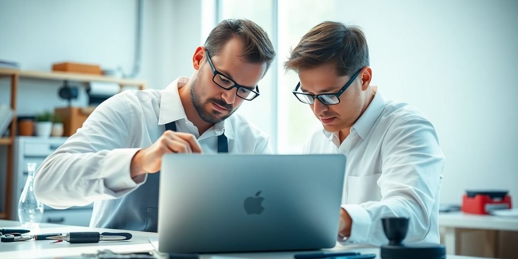 Technician repairing a MacBook in a bright workshop.