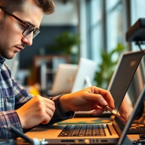 Technician repairing a laptop in a modern workspace.