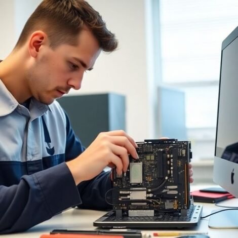 Technician repairing an Apple Mac in a workspace.