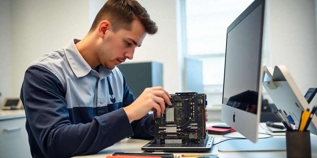 Technician repairing an Apple Mac in a workspace.