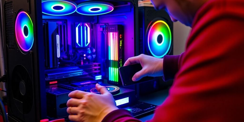 Technician repairing a gaming PC with RGB lighting.