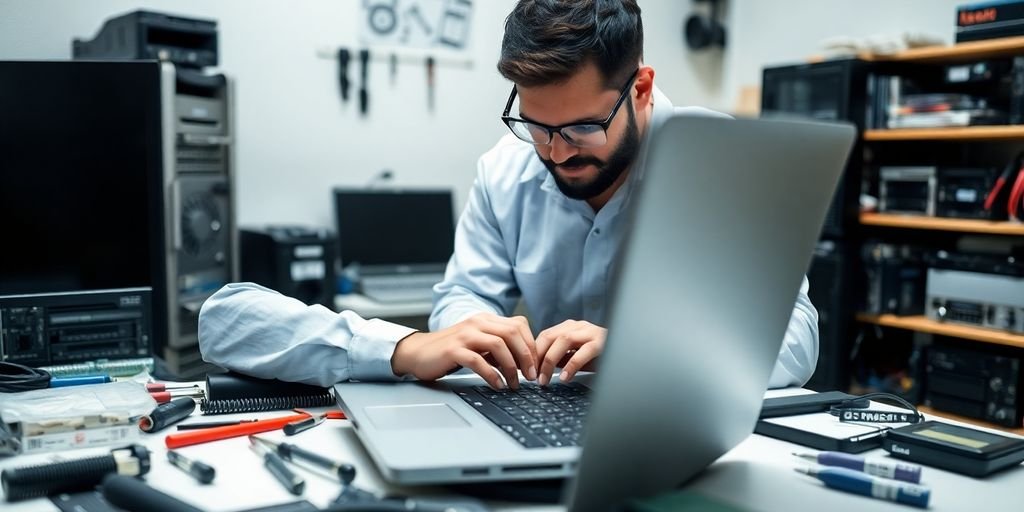 Technician repairing a laptop in a modern workspace.