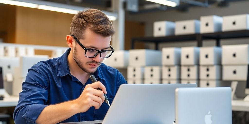 Technician repairing an Apple MacBook in a workshop.