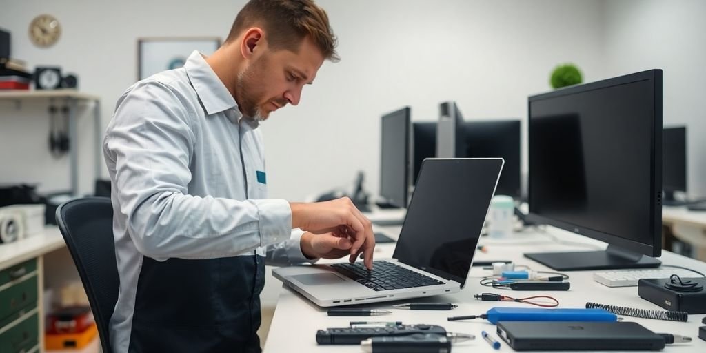 Technician repairing a laptop in a clean workspace.