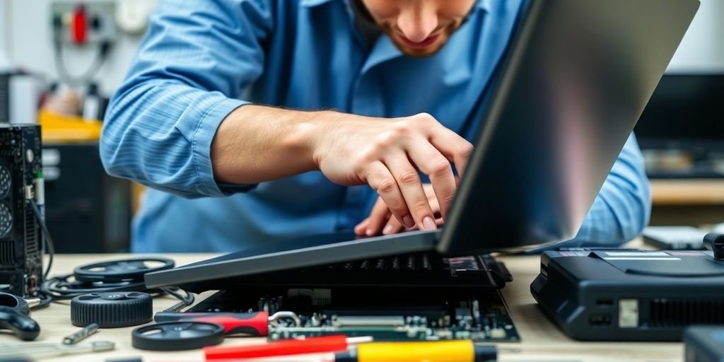 Technician repairing a laptop in a workshop.