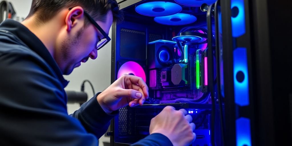 Technician repairing a gaming PC in a workshop.