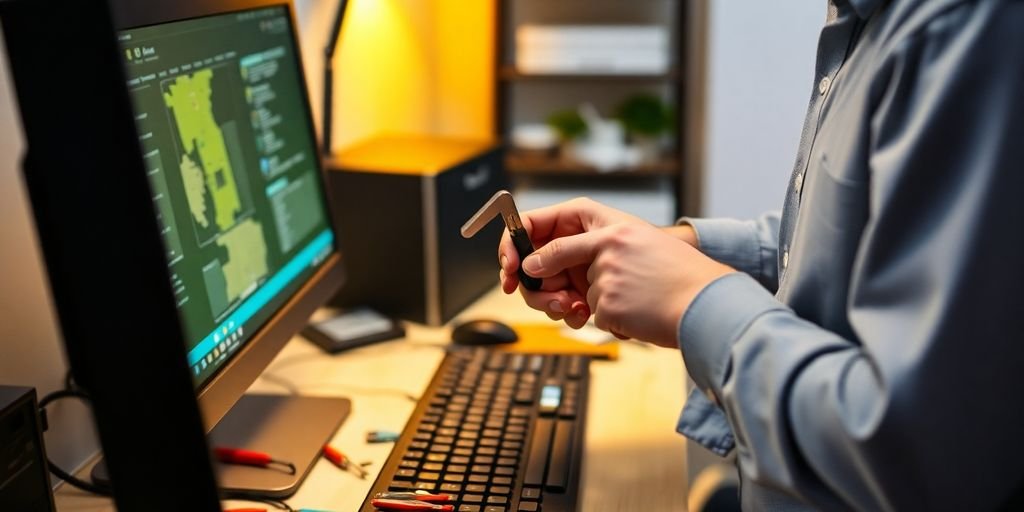 Technician repairing a computer in a home office.