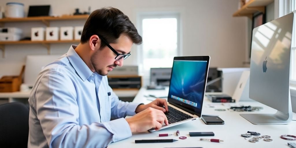 Technician repairing a MacBook in a bright workspace.