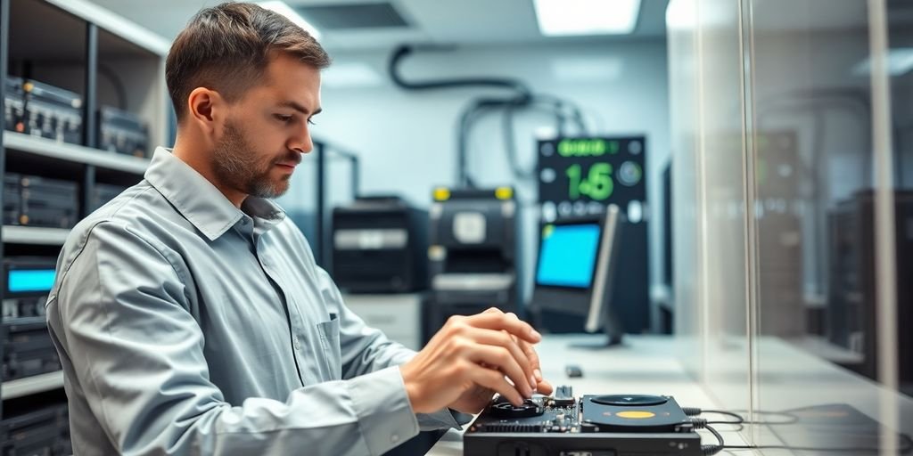 Technician performing data recovery in a secure lab.