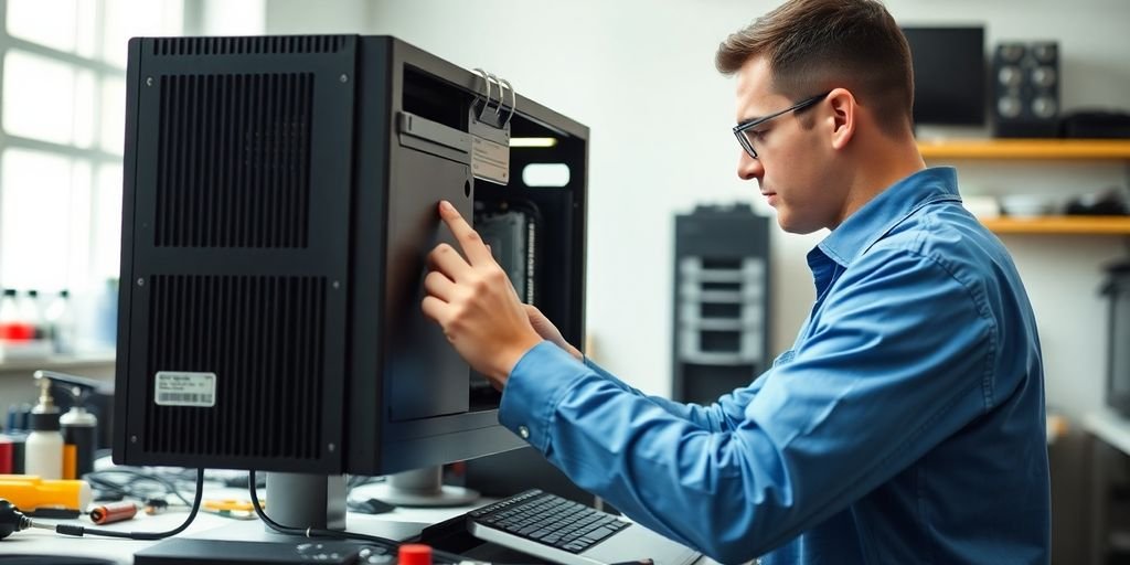 Technician repairing a computer in a bright workshop.