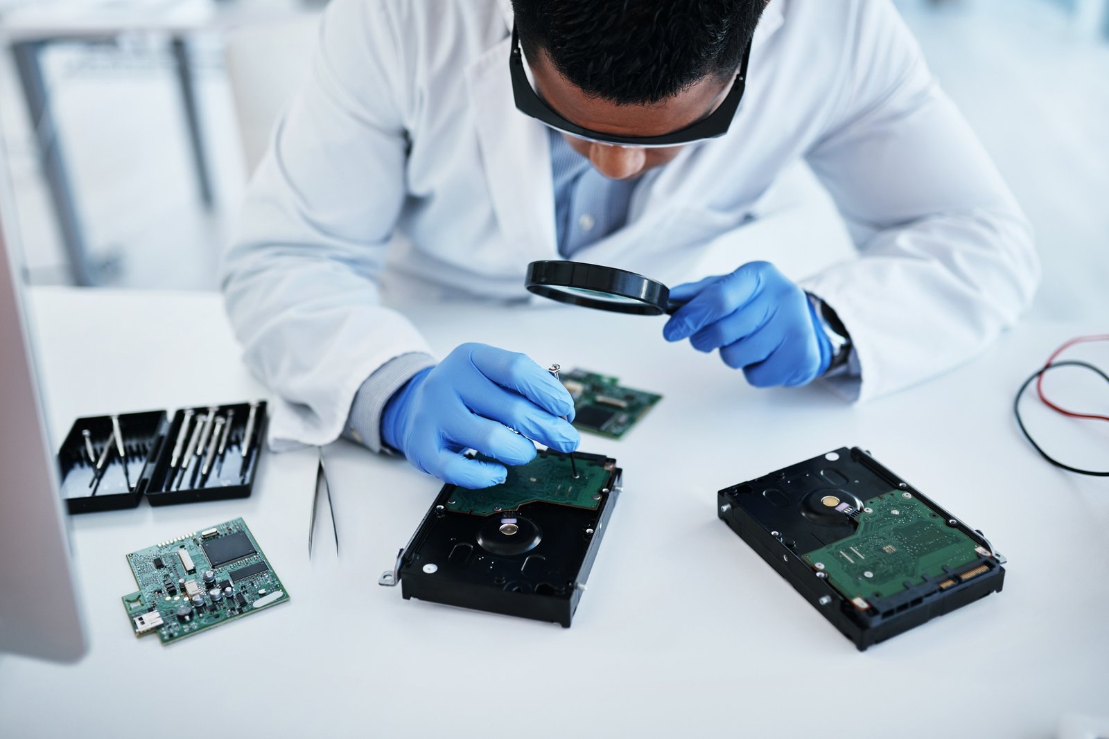 Home 2 Technician carefully repairing a hard drive with a magnifier